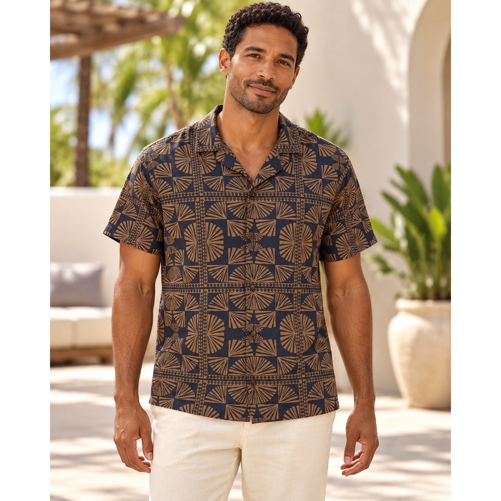 Marine Layer Men's Linen Shirt Large Brown Navy Geo Short Sleeve Camp Resort